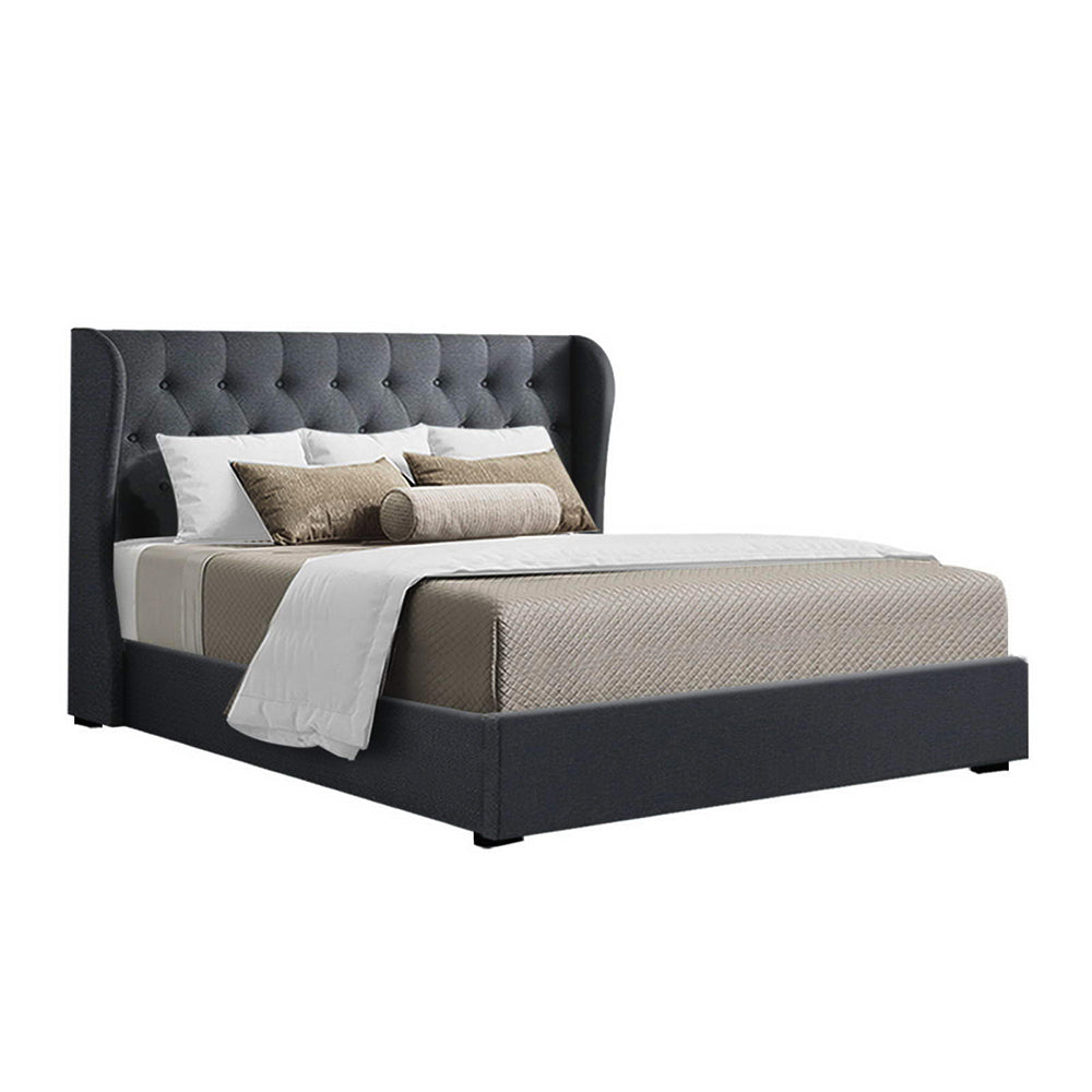 Artiss Issa Bed Frame in Charcoal Queen with tufted headboard and gas lift storage feature, showcasing luxurious faux linen fabric.