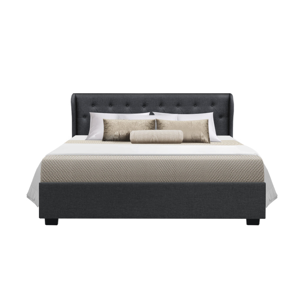Artiss Issa Bed Frame in Charcoal Queen with tufted headboard and gas lift storage feature, showcasing luxurious faux linen fabric.