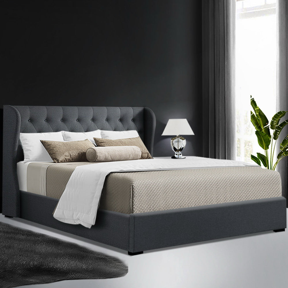 Artiss Issa Bed Frame in Charcoal Queen with tufted headboard and gas lift storage feature, showcasing luxurious faux linen fabric.