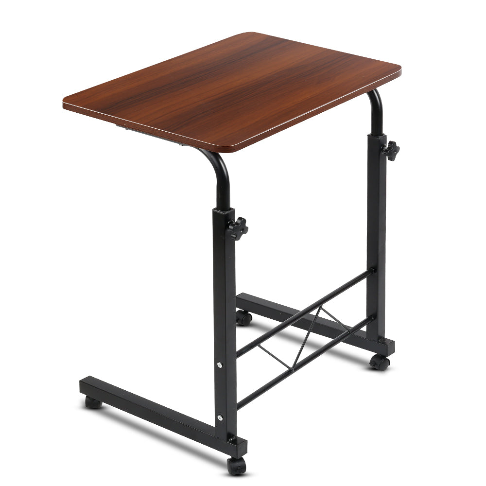 Artiss Laptop Table Desk in dark wood finish, featuring adjustable height and 360-degree rotating wheels.