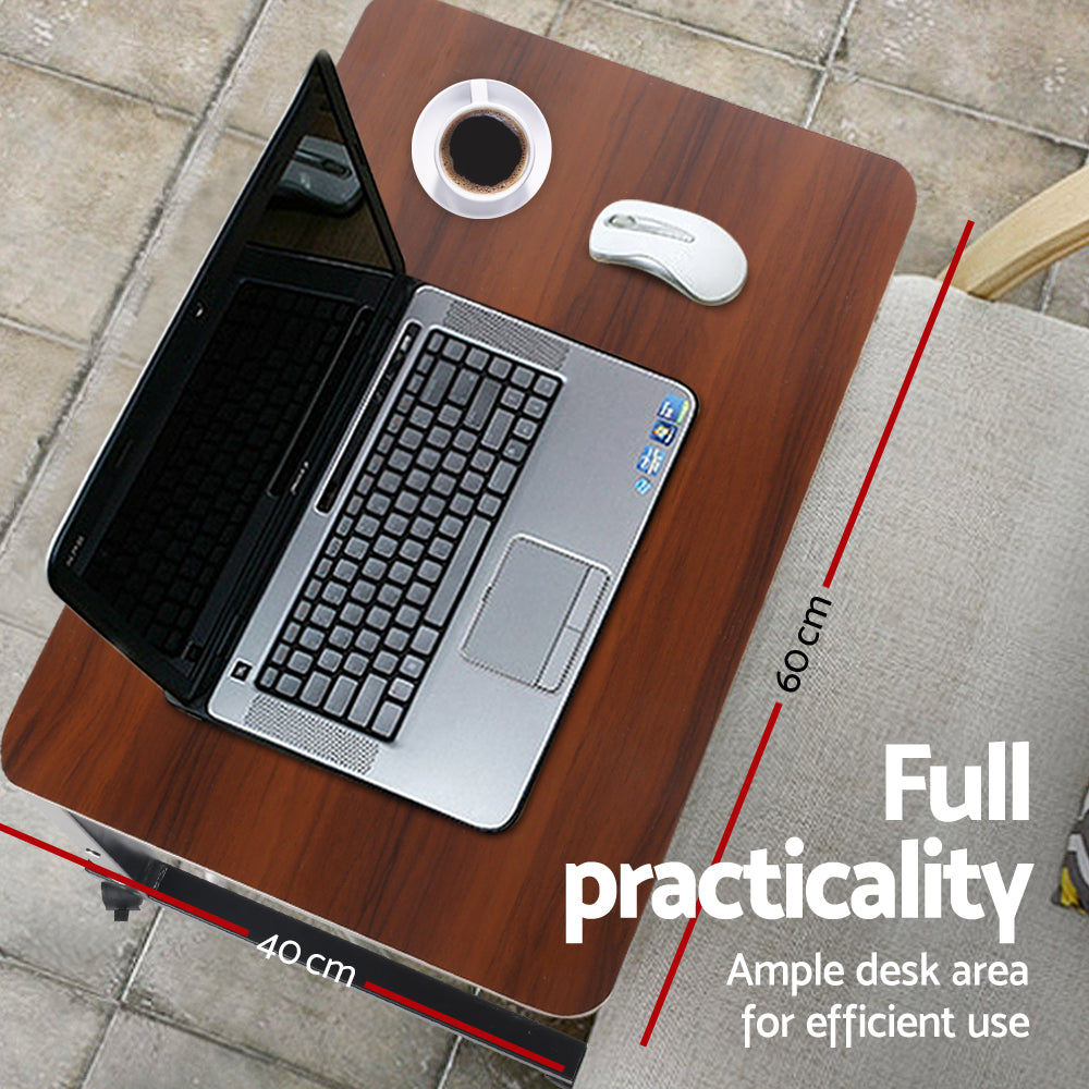 Artiss Laptop Table Desk in dark wood finish, featuring adjustable height and 360-degree rotating wheels.