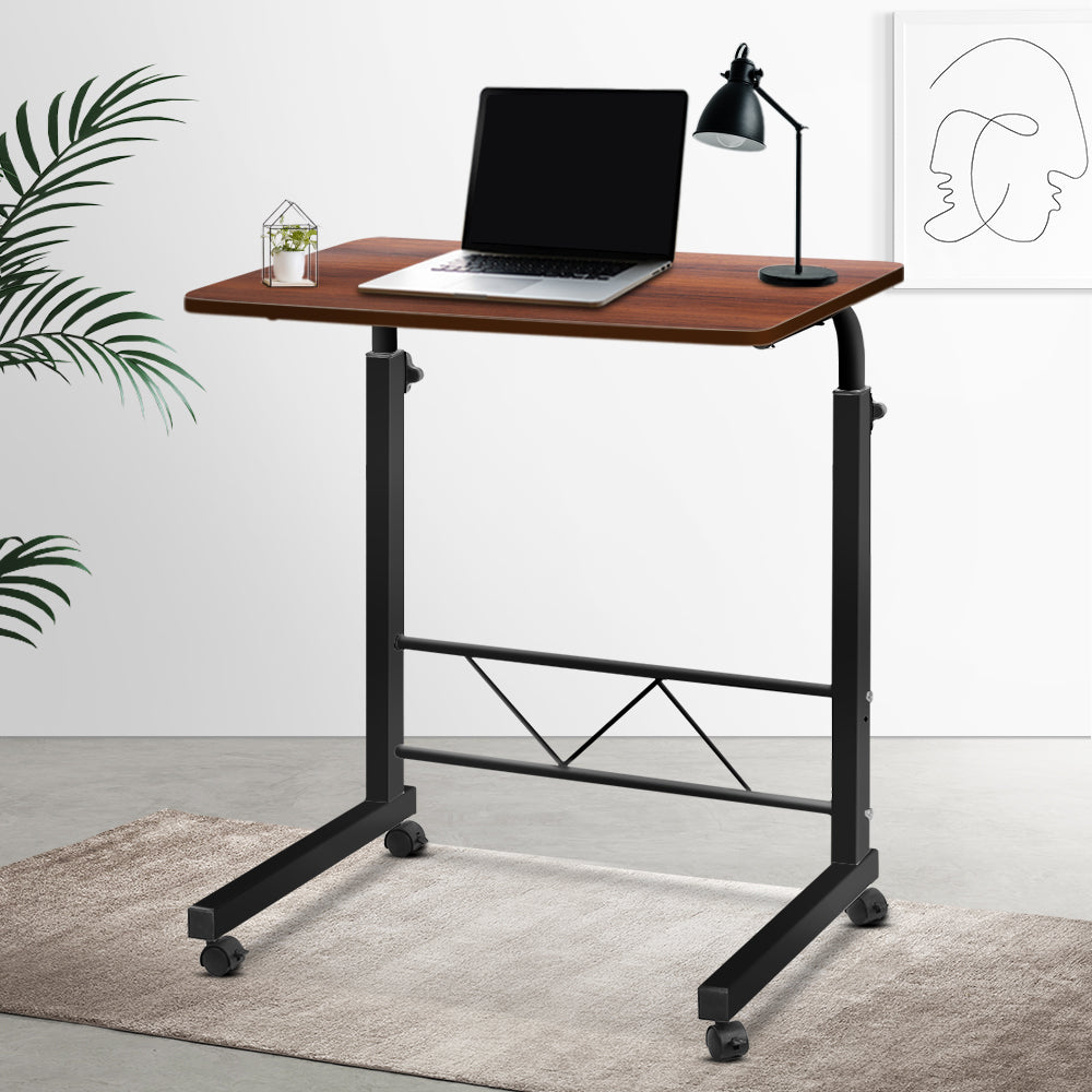Artiss Laptop Table Desk in dark wood finish, featuring adjustable height and 360-degree rotating wheels.