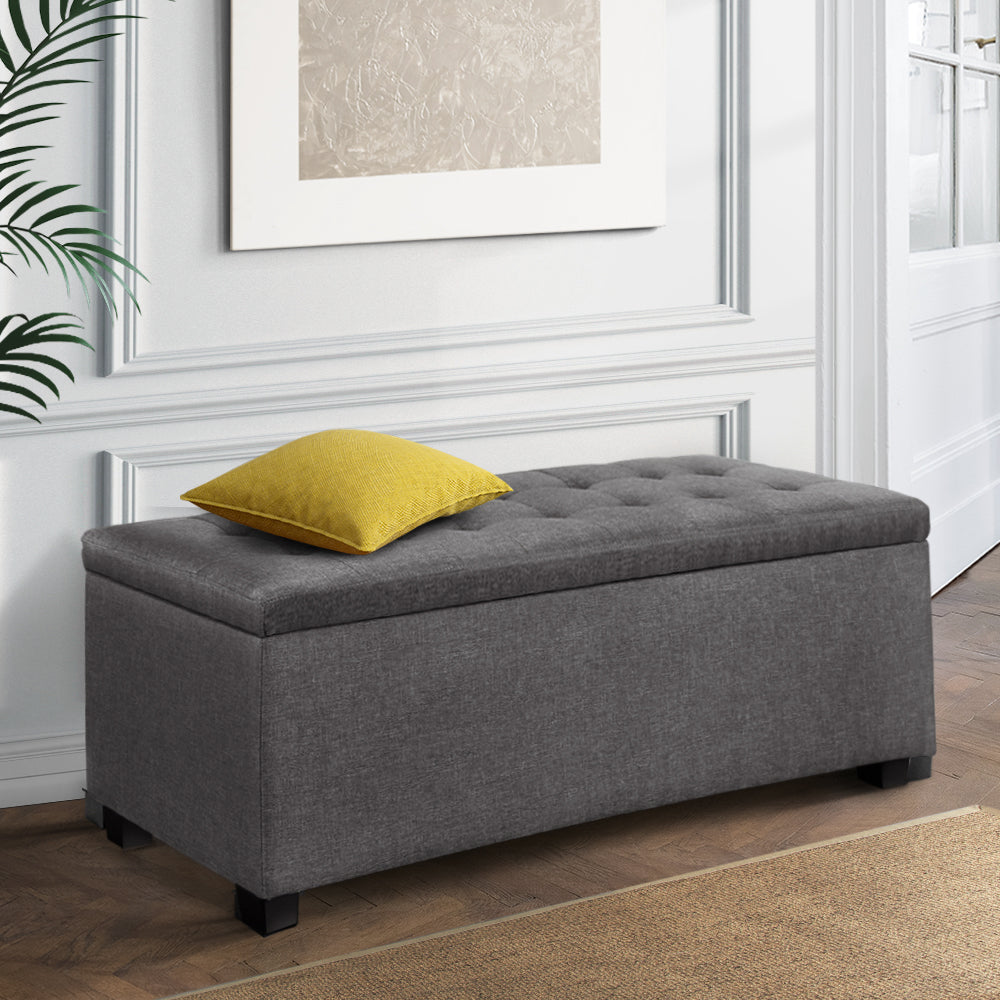 Artiss Large Fabric Storage Ottoman in Grey, featuring a plush cushion-top seat and solid wood construction for durability and style.