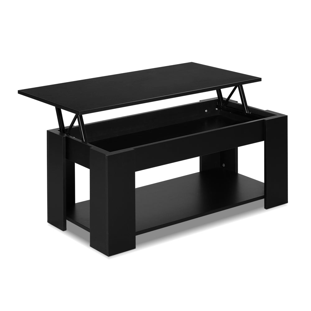 Artiss Lift Up Top Coffee Table in black with a liftable top revealing hidden storage space, showcasing its modern design and sturdy construction.