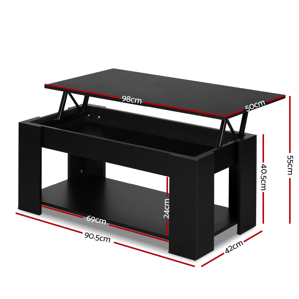Artiss Lift Up Top Coffee Table in black with a liftable top revealing hidden storage space, showcasing its modern design and sturdy construction.