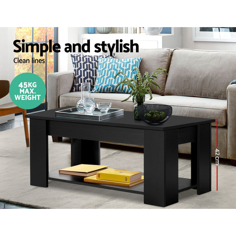 Artiss Lift Up Top Coffee Table in black with a liftable top revealing hidden storage space, showcasing its modern design and sturdy construction.