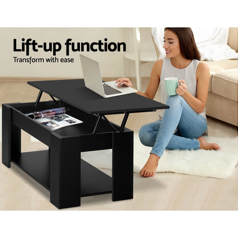 Artiss Lift Up Top Coffee Table in black with a liftable top revealing hidden storage space, showcasing its modern design and sturdy construction.