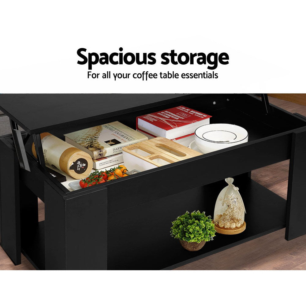 Artiss Lift Up Top Coffee Table in black with a liftable top revealing hidden storage space, showcasing its modern design and sturdy construction.
