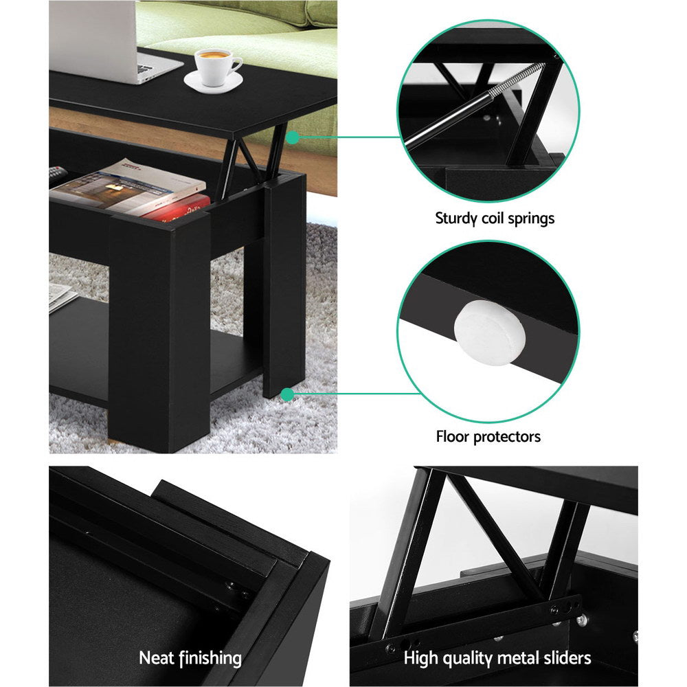 Artiss Lift Up Top Coffee Table in black with a liftable top revealing hidden storage space, showcasing its modern design and sturdy construction.