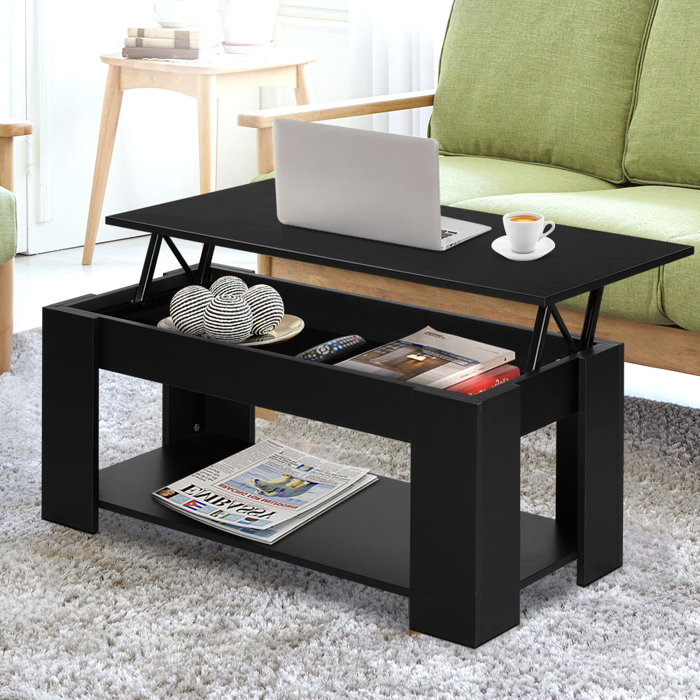 Artiss Lift Up Top Coffee Table in black with a liftable top revealing hidden storage space, showcasing its modern design and sturdy construction.