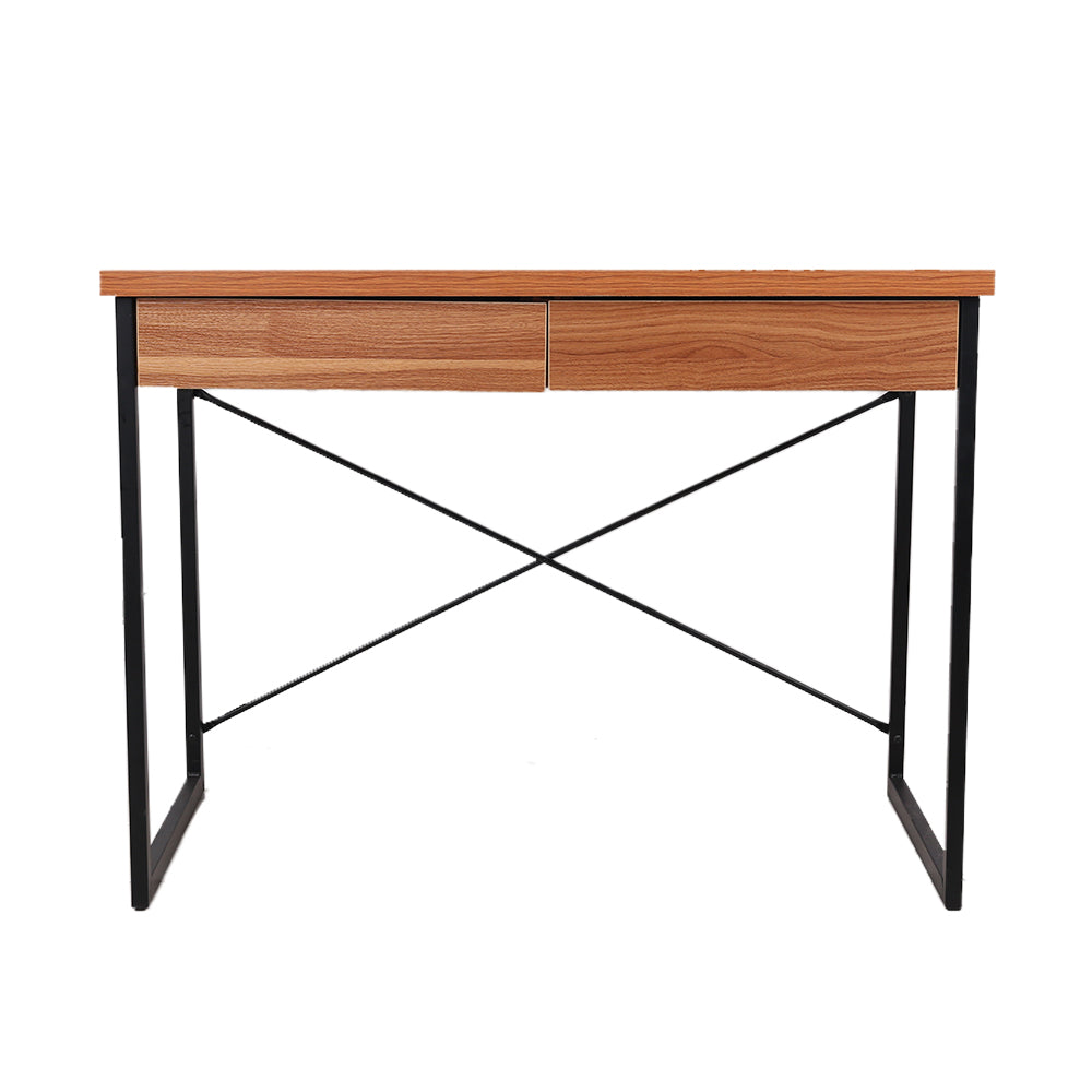 Artiss Metal Desk with Drawer in Walnut featuring a sleek design, two spacious drawers, and a sturdy U-shape steel frame.