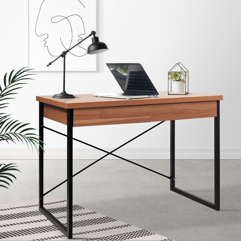 Artiss Metal Desk with Drawer in Walnut featuring a sleek design, two spacious drawers, and a sturdy U-shape steel frame.