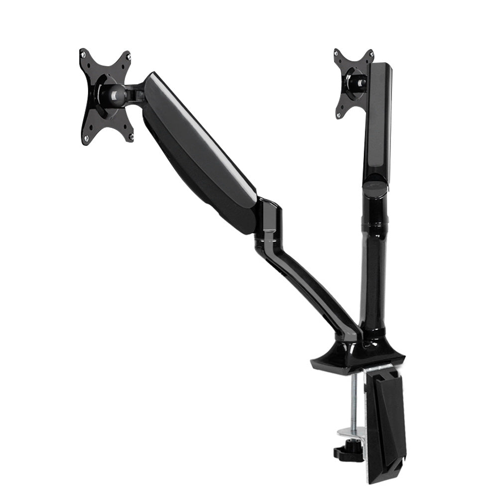 Artiss Dual Gas Black Monitor Arm Mount with two monitors attached, showcasing adjustable height and swivel features.