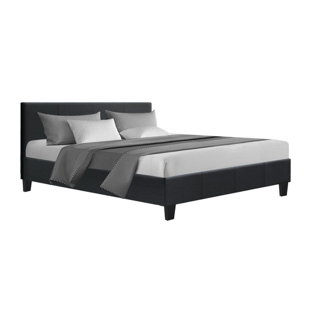 Artiss Neo Bed Frame in Charcoal, featuring a padded headboard and faux linen upholstery, designed for modern bedrooms.