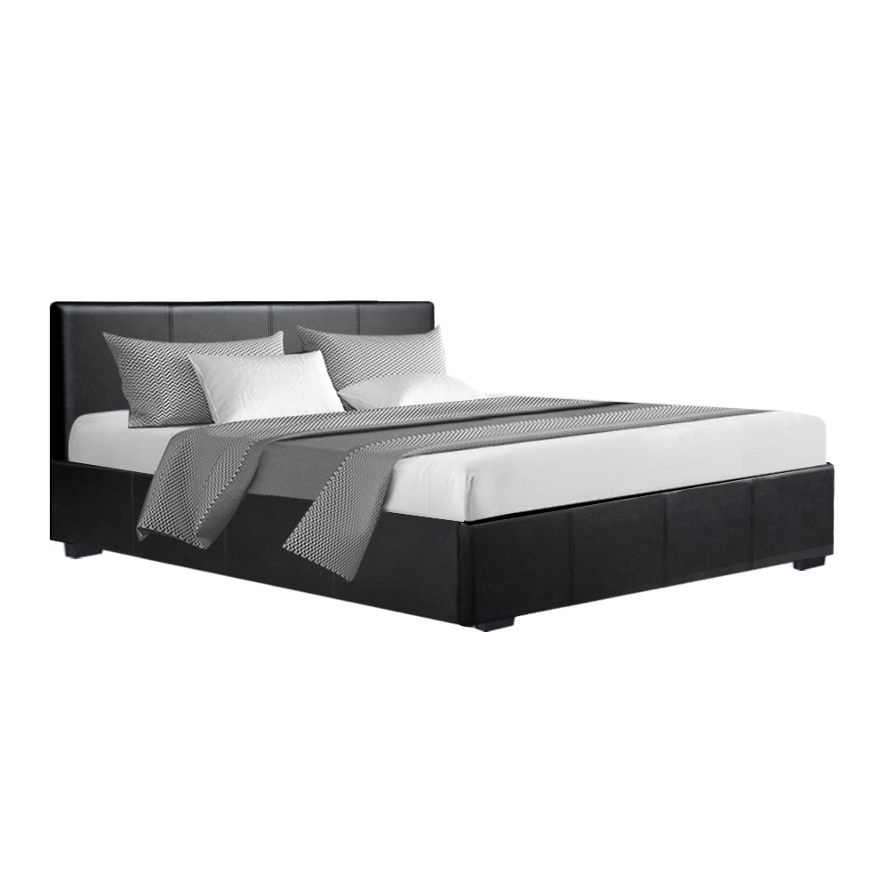 Artiss Nino Bed Frame in Black PU Leather, showcasing a sleek design with a padded headboard and gas lift storage feature.