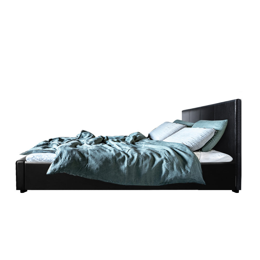Artiss Nino Bed Frame in Black PU Leather, showcasing a sleek design with a padded headboard and gas lift storage feature.