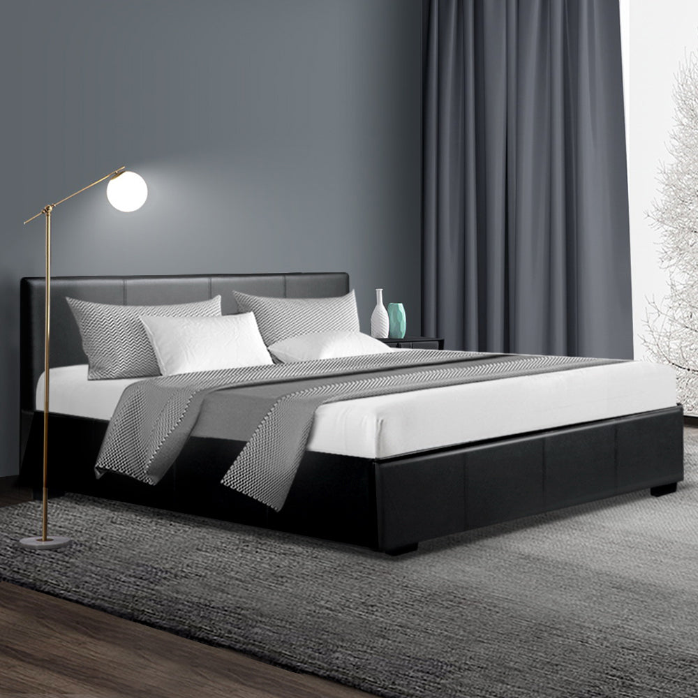 Artiss Nino Bed Frame in Black PU Leather, showcasing a sleek design with a padded headboard and gas lift storage feature.
