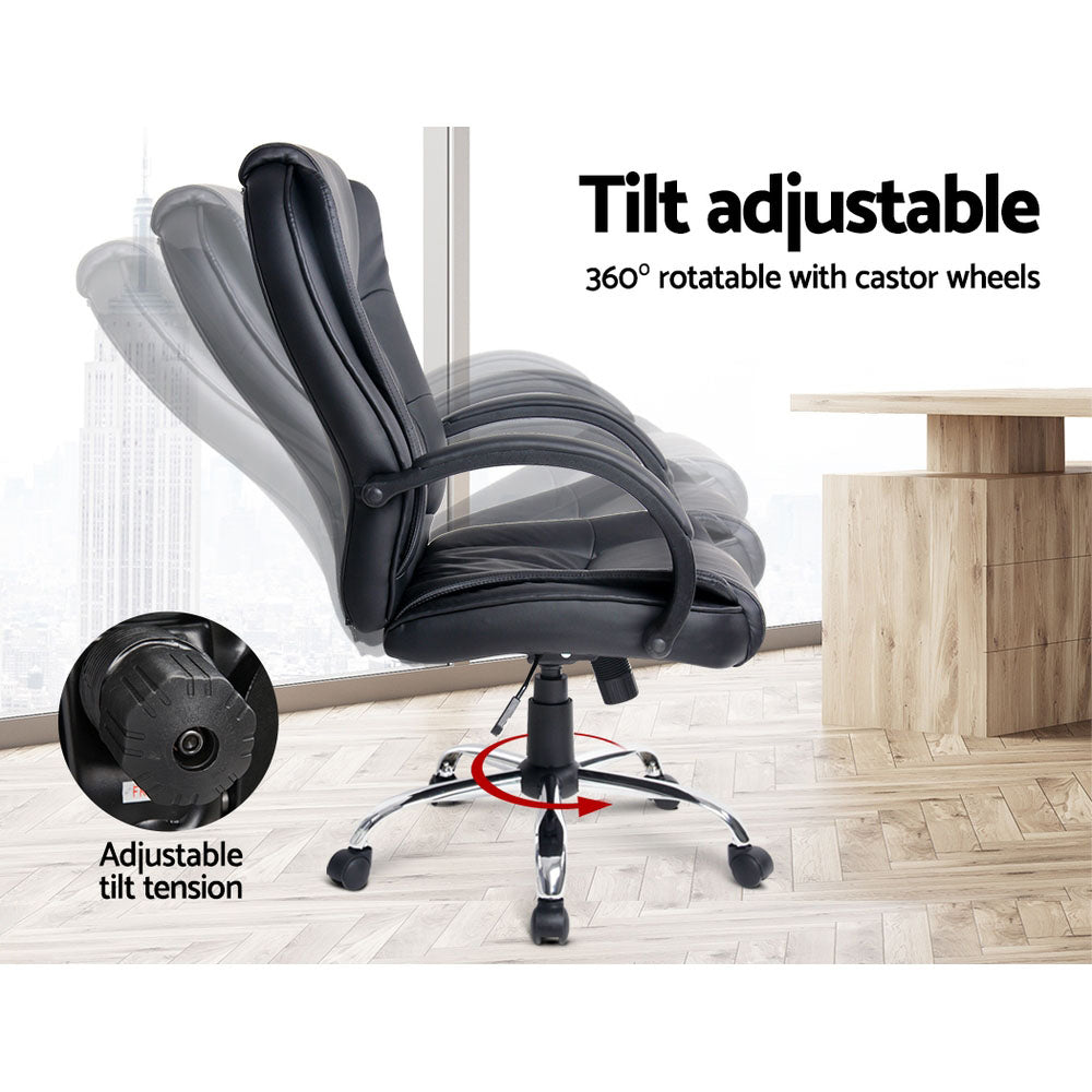 Artiss Office Chair in black PU leather with high-back design, padded seating, and chrome base, ideal for gaming and office use.