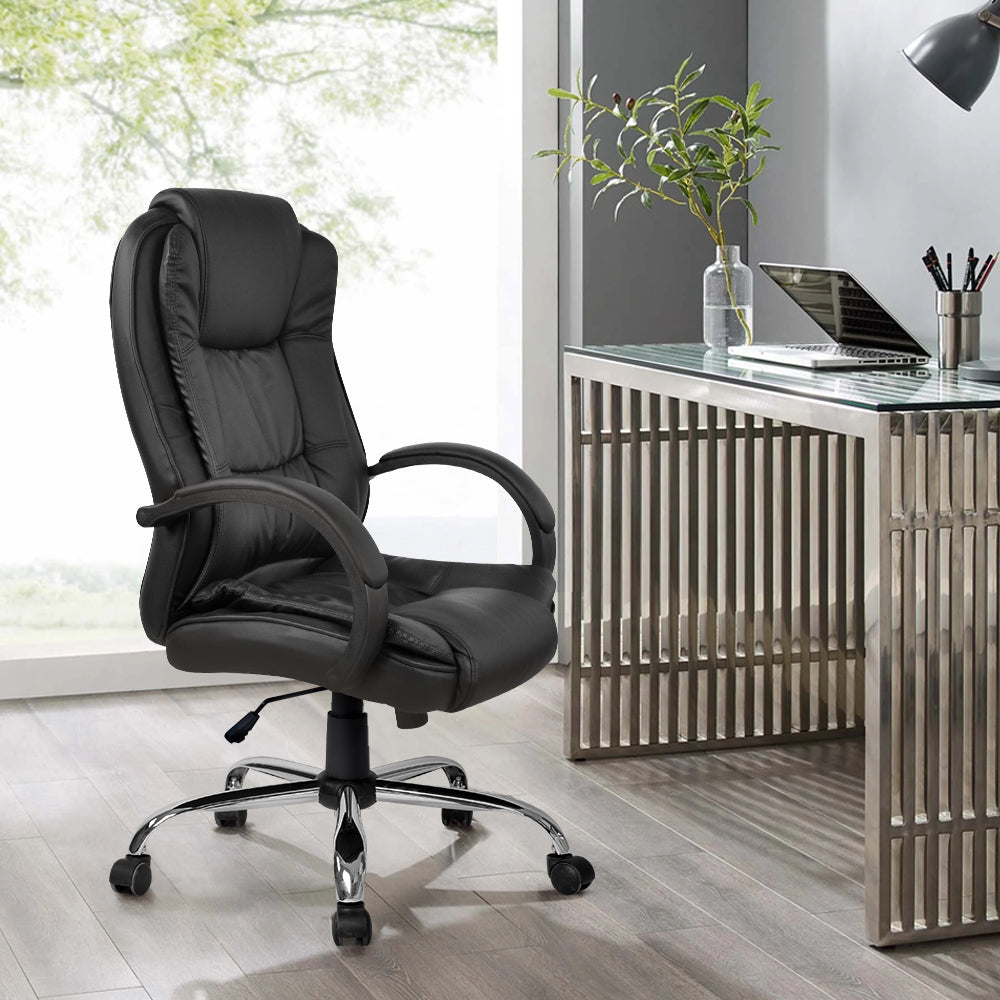 Artiss Office Chair in black PU leather with high-back design, padded seating, and chrome base, ideal for gaming and office use.