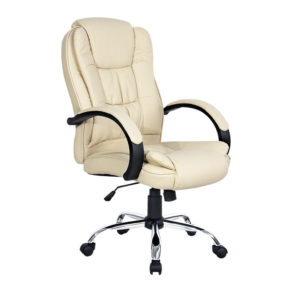 Artiss Office Chair featuring beige PU leather upholstery, high-back design, padded headrest and armrests, chrome base with castor wheels.