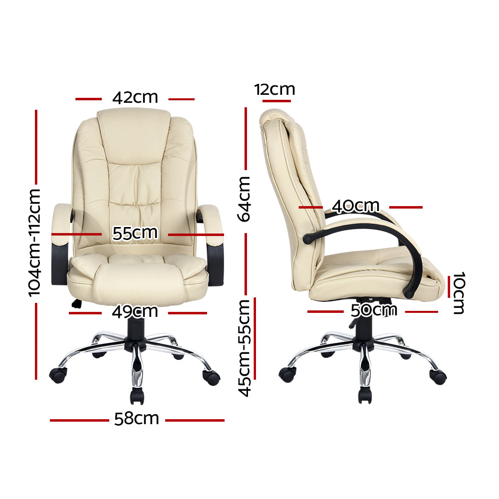 Artiss Office Chair featuring beige PU leather upholstery, high-back design, padded headrest and armrests, chrome base with castor wheels.