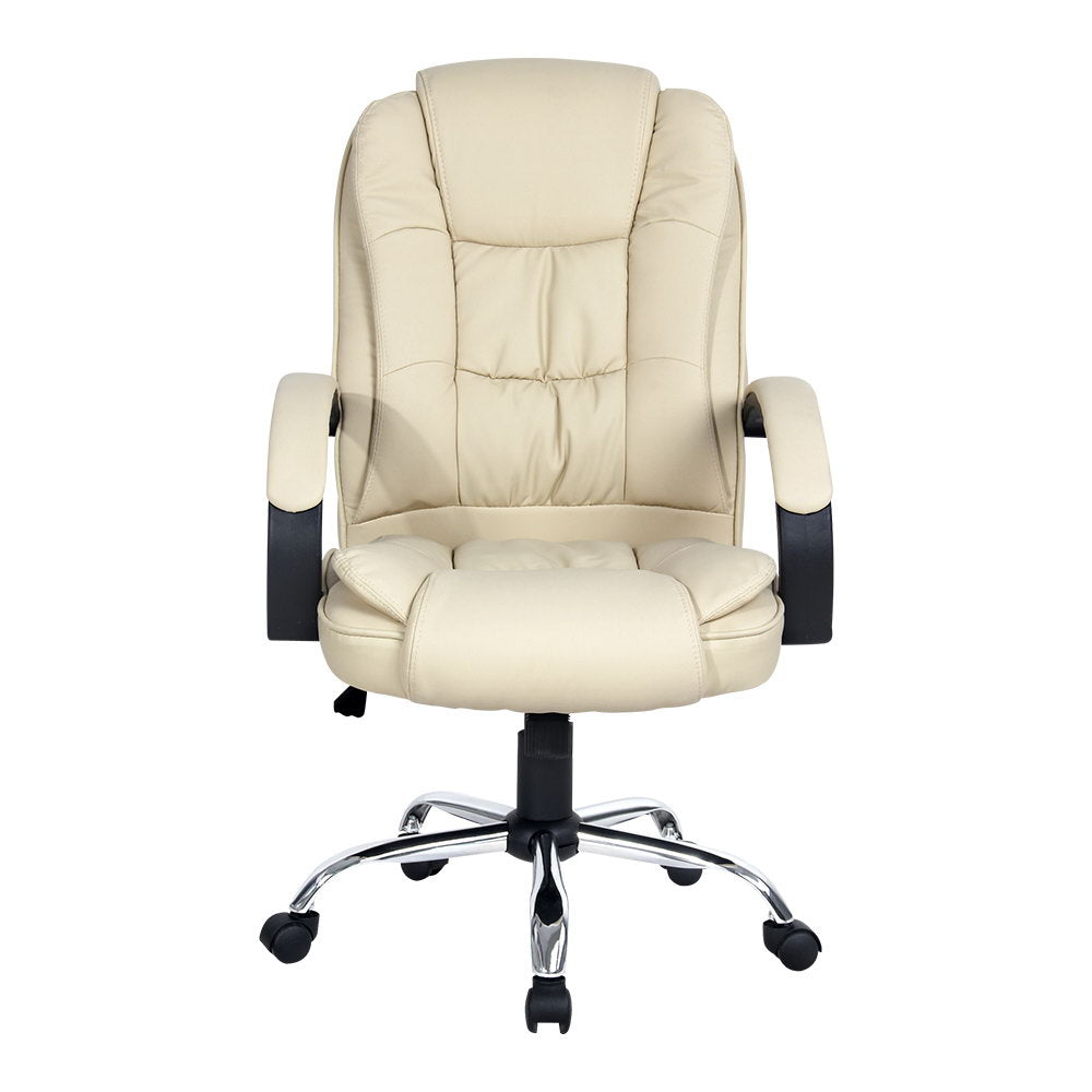 Artiss Office Chair featuring beige PU leather upholstery, high-back design, padded headrest and armrests, chrome base with castor wheels.