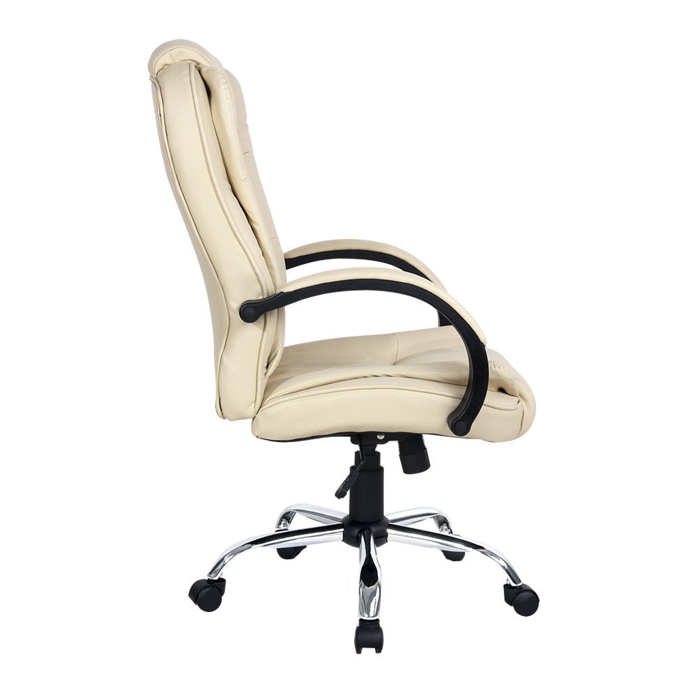 Artiss Office Chair featuring beige PU leather upholstery, high-back design, padded headrest and armrests, chrome base with castor wheels.