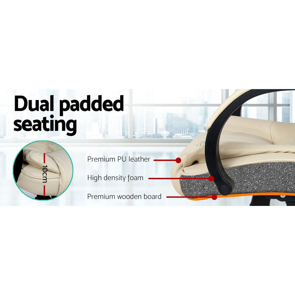 Artiss Office Chair featuring beige PU leather upholstery, high-back design, padded headrest and armrests, chrome base with castor wheels.