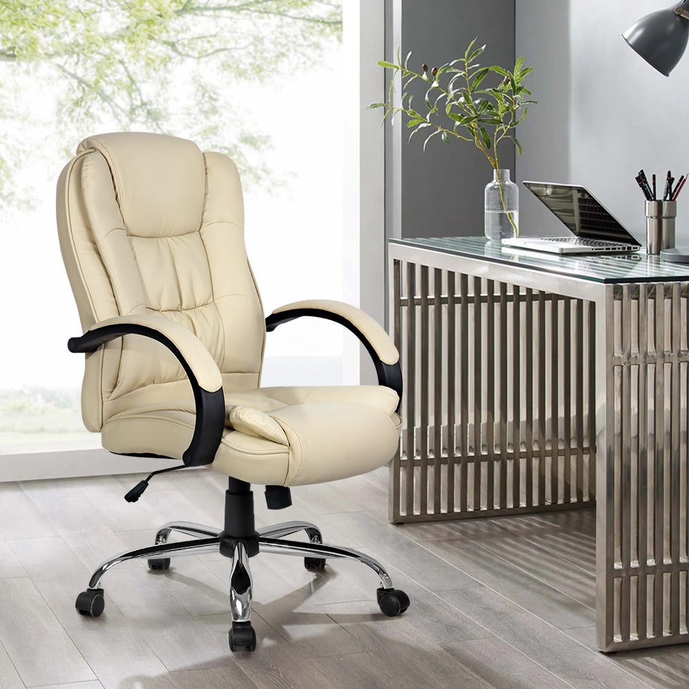 Artiss Office Chair featuring beige PU leather upholstery, high-back design, padded headrest and armrests, chrome base with castor wheels.