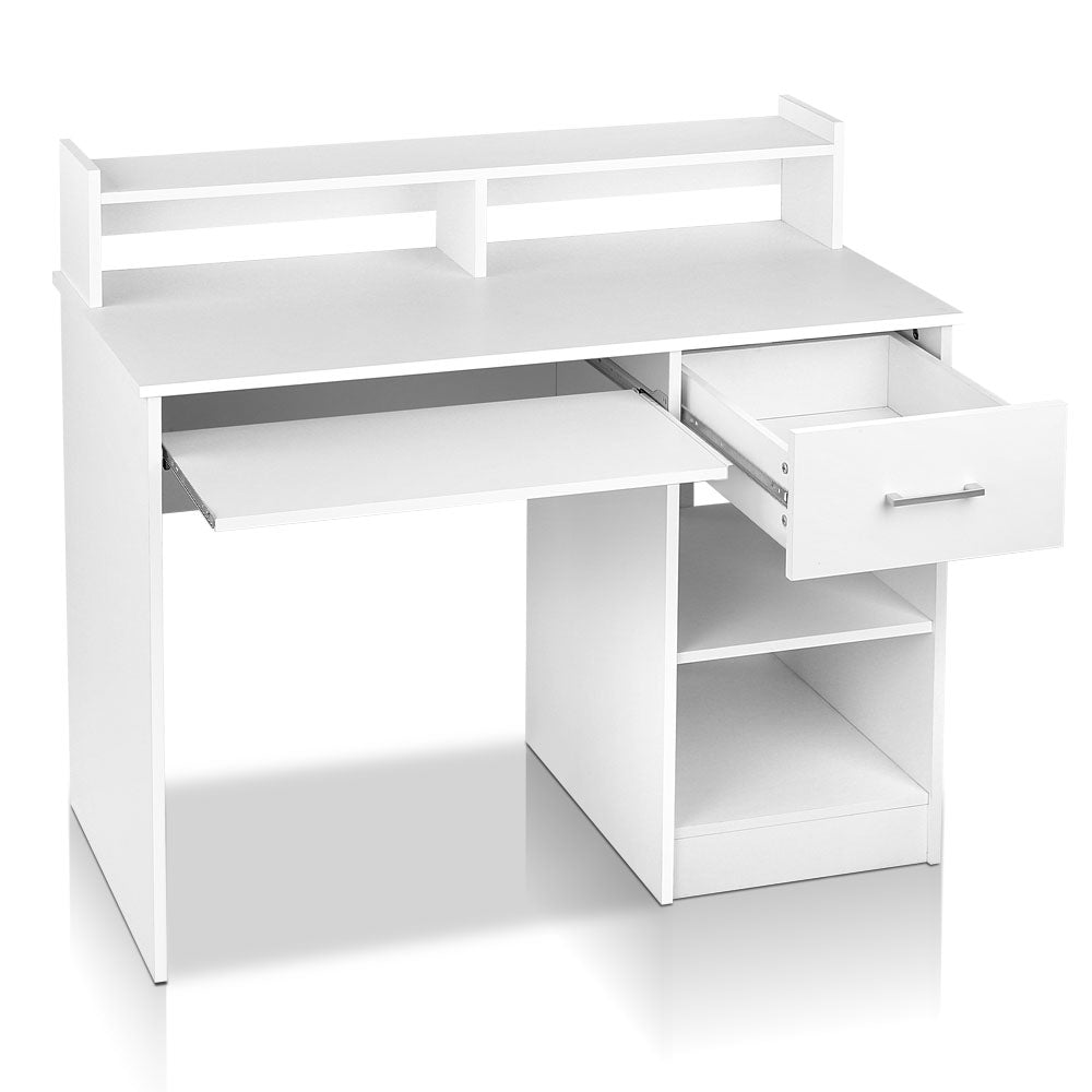 Artiss Office Computer Desk in white with storage features, including a slide-out keyboard tray and open shelves.