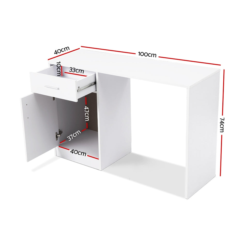 Artiss Office Storage Computer Desk featuring a sleek white design with a spacious drawer and cabinet, made from durable manufactured wood.