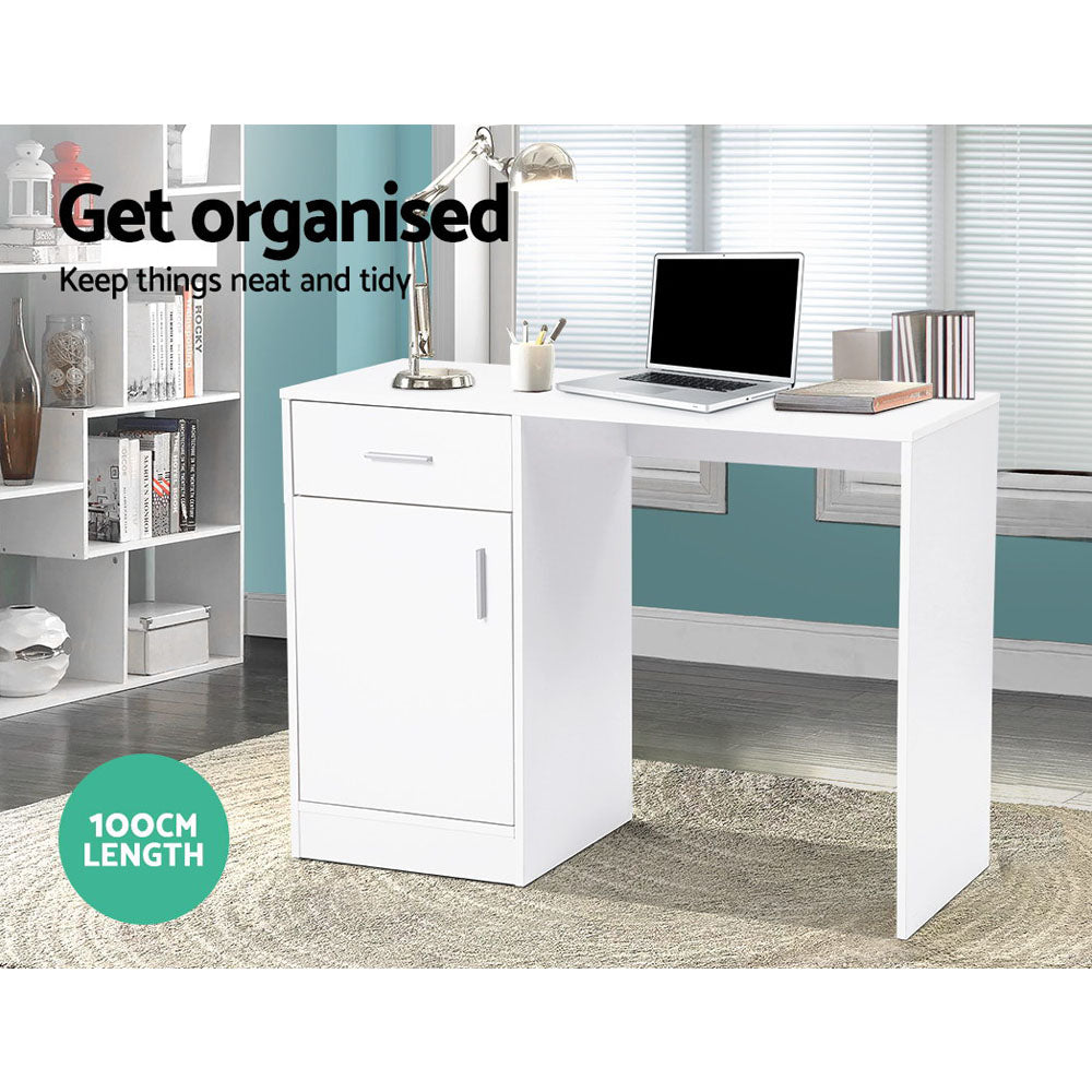 Artiss Office Storage Computer Desk featuring a sleek white design with a spacious drawer and cabinet, made from durable manufactured wood.