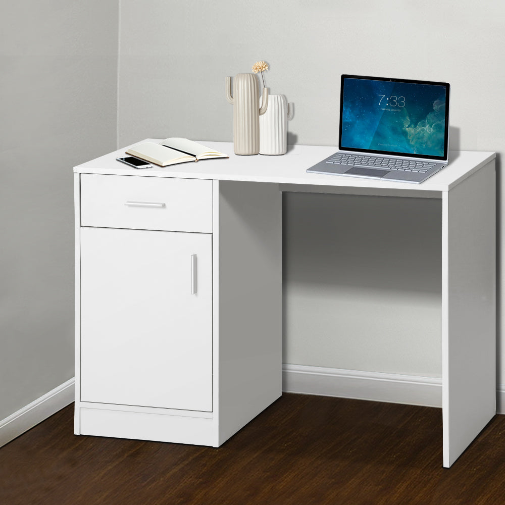 Artiss Office Storage Computer Desk featuring a sleek white design with a spacious drawer and cabinet, made from durable manufactured wood.
