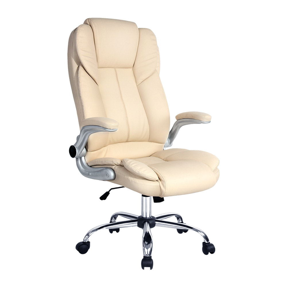Artiss PU Leather Executive Office Desk Chair in Beige with high back design and chrome base, featuring padded armrests and lumbar support.