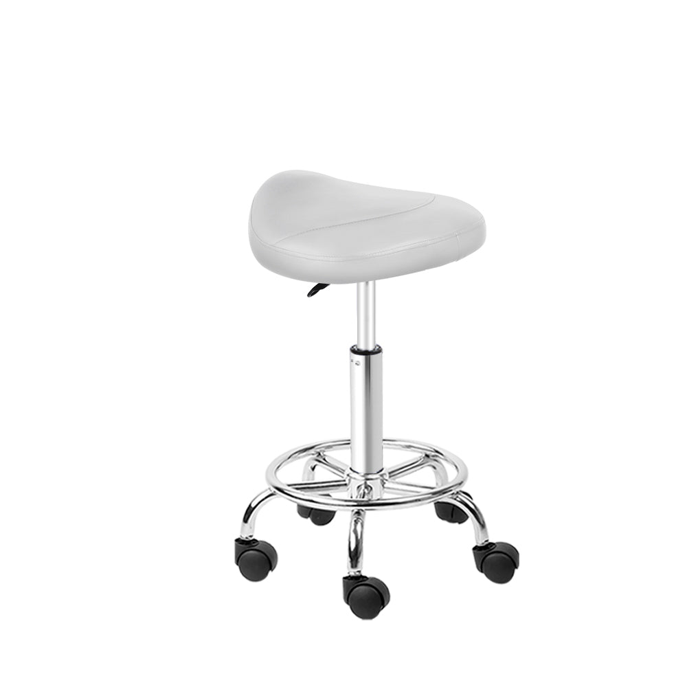 Artiss PU Leather Swivel Saddle Salon Chair in White with chrome base and five castor wheels, showcasing its elegant design and comfort features.