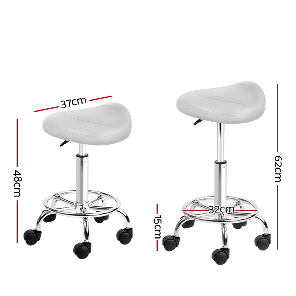 Artiss PU Leather Swivel Saddle Salon Chair in White with chrome base and five castor wheels, showcasing its elegant design and comfort features.