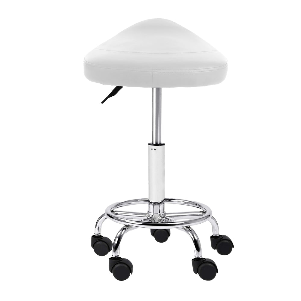 Artiss PU Leather Swivel Saddle Salon Chair in White with chrome base and five castor wheels, showcasing its elegant design and comfort features.
