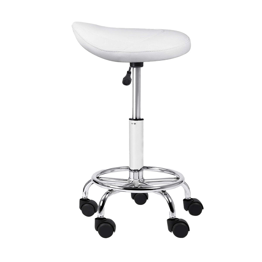 Artiss PU Leather Swivel Saddle Salon Chair in White with chrome base and five castor wheels, showcasing its elegant design and comfort features.
