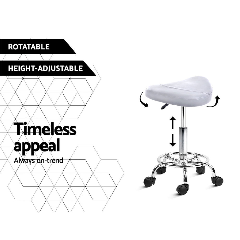 Artiss PU Leather Swivel Saddle Salon Chair in White with chrome base and five castor wheels, showcasing its elegant design and comfort features.