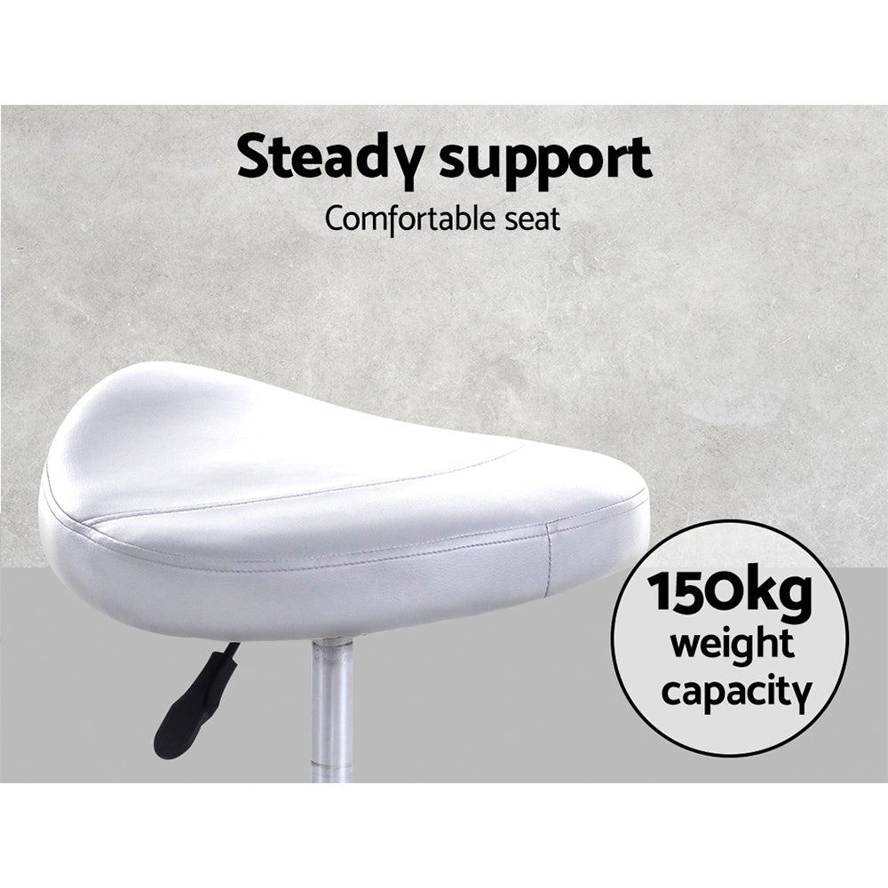 Artiss PU Leather Swivel Saddle Salon Chair in White with chrome base and five castor wheels, showcasing its elegant design and comfort features.