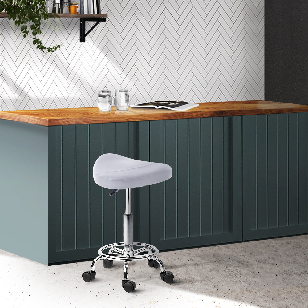 Artiss PU Leather Swivel Saddle Salon Chair in White with chrome base and five castor wheels, showcasing its elegant design and comfort features.