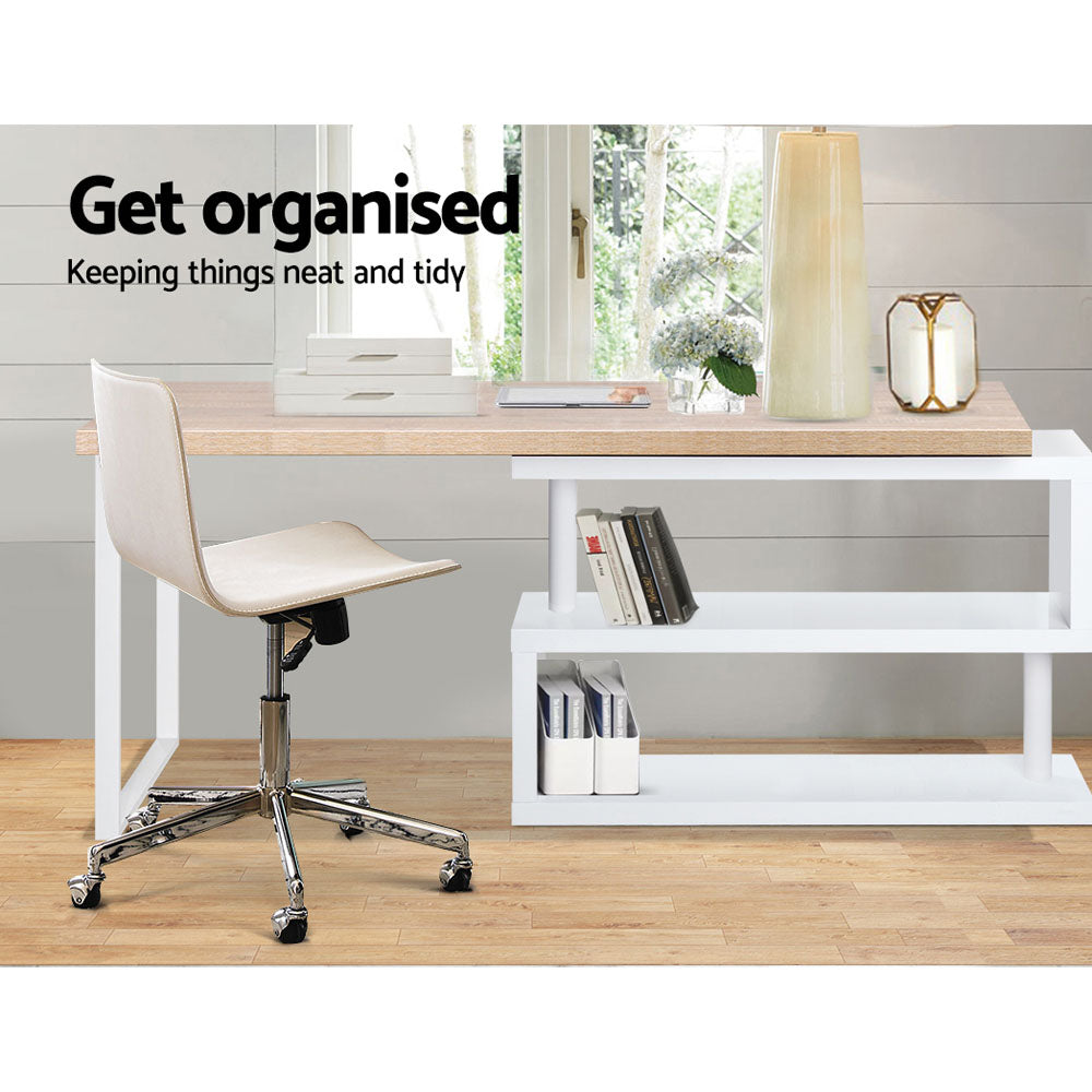 Artiss Rotary Corner Desk with Bookshelf in brown and white, featuring a 360-degree rotatable shelf and sturdy construction.