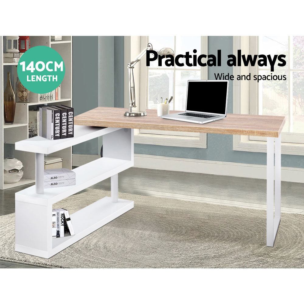Artiss Rotary Corner Desk with Bookshelf in brown and white, featuring a 360-degree rotatable shelf and sturdy construction.
