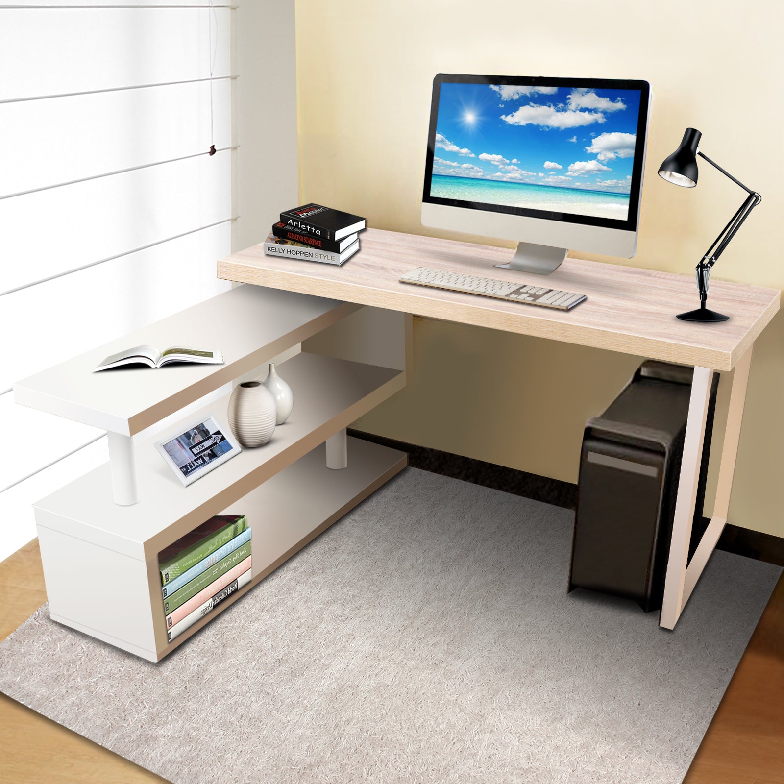 Artiss Rotary Corner Desk with Bookshelf in brown and white, featuring a 360-degree rotatable shelf and sturdy construction.
