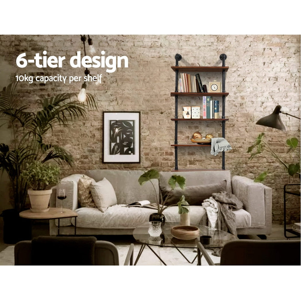 Artiss Rustic Wall Shelves featuring a 6-level industrial pipe design made of metal and solid timber, perfect for home or office display.