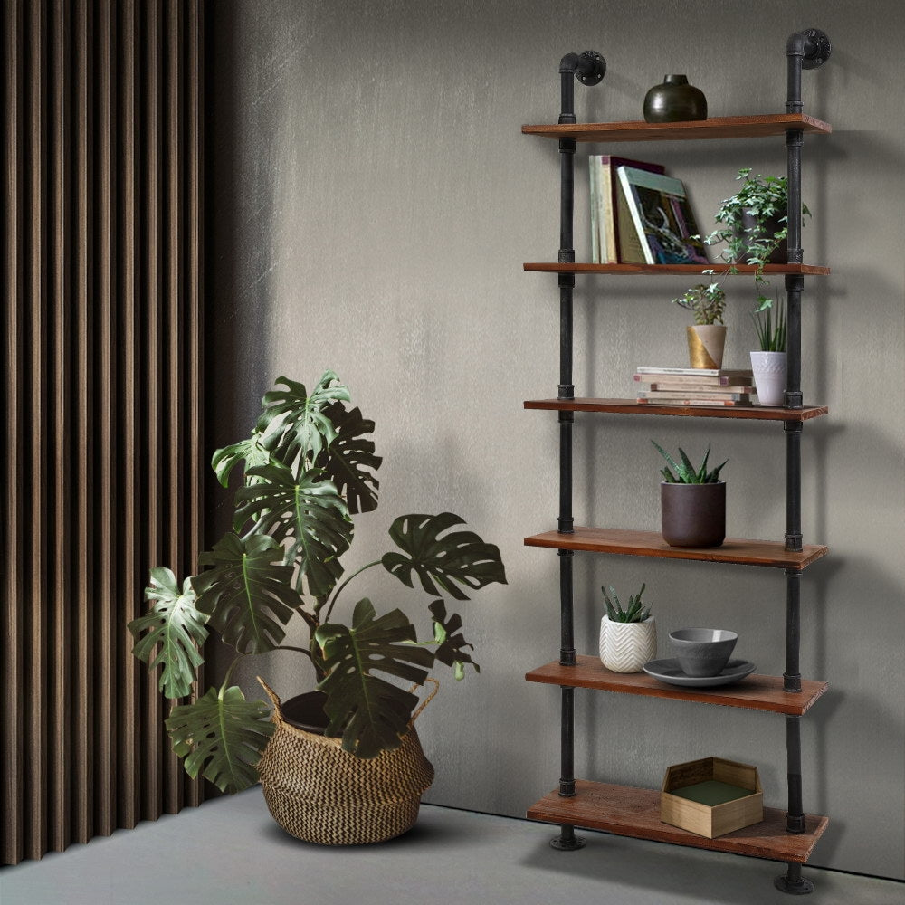 Artiss Rustic Wall Shelves featuring a 6-level industrial pipe design made of metal and solid timber, perfect for home or office display.