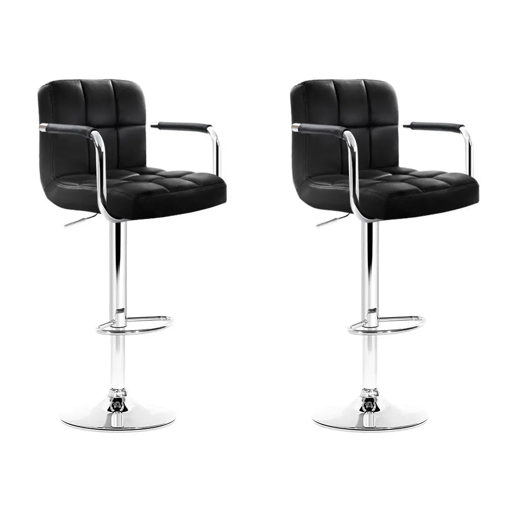Artiss Set of 2 Bar Stools featuring gas lift swivel armrests, upholstered in black PU leather with chrome finish and ergonomic design.