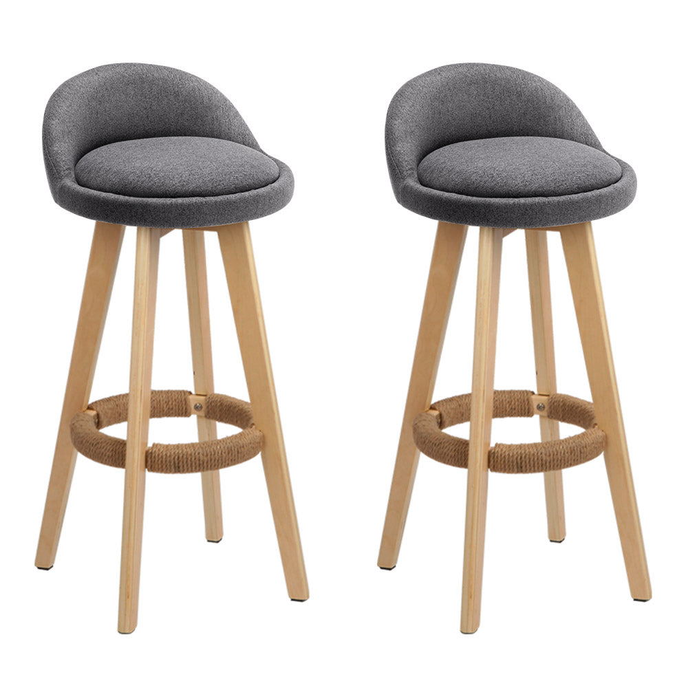 Artiss Set of 2 Grey Fabric Backrest Bar Stools with wooden frame and padded seats, showcasing a stylish design for modern interiors.
