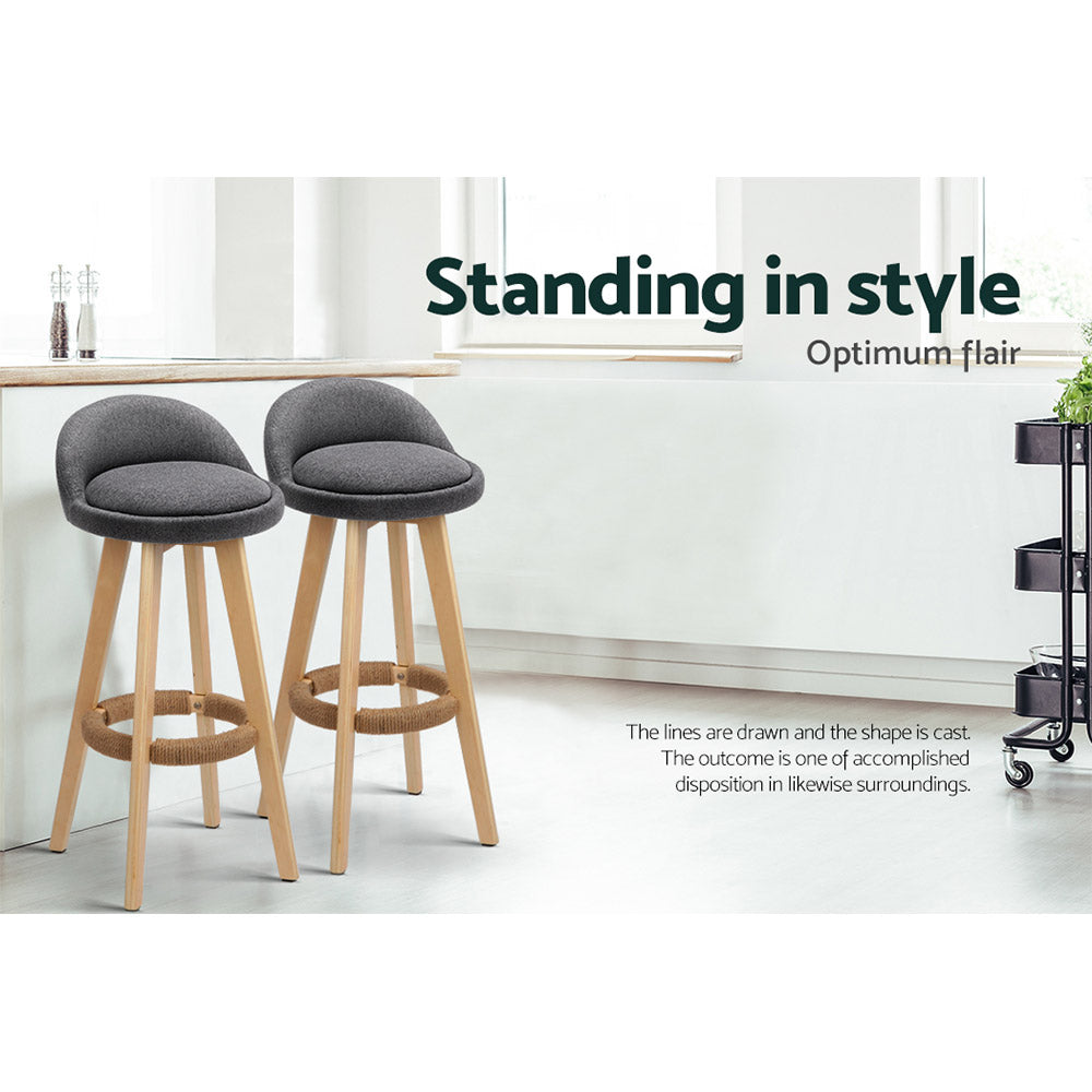 Artiss Set of 2 Grey Fabric Backrest Bar Stools with wooden frame and padded seats, showcasing a stylish design for modern interiors.