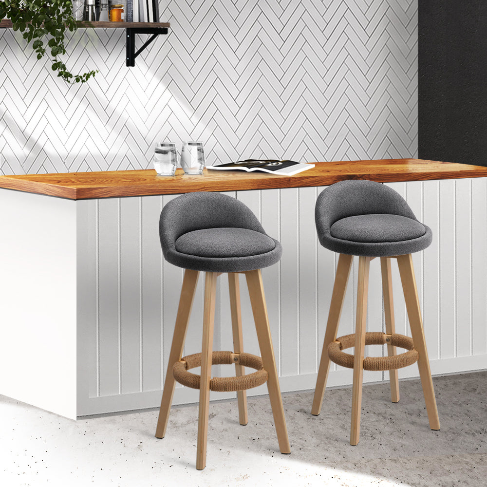 Artiss Set of 2 Grey Fabric Backrest Bar Stools with wooden frame and padded seats, showcasing a stylish design for modern interiors.